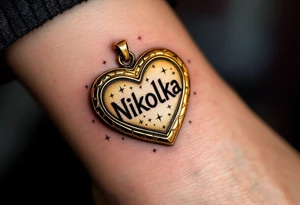 Nikolka name wrapped in a golden heart-shaped locket, slightly open with sparkles around. tattoo idea
