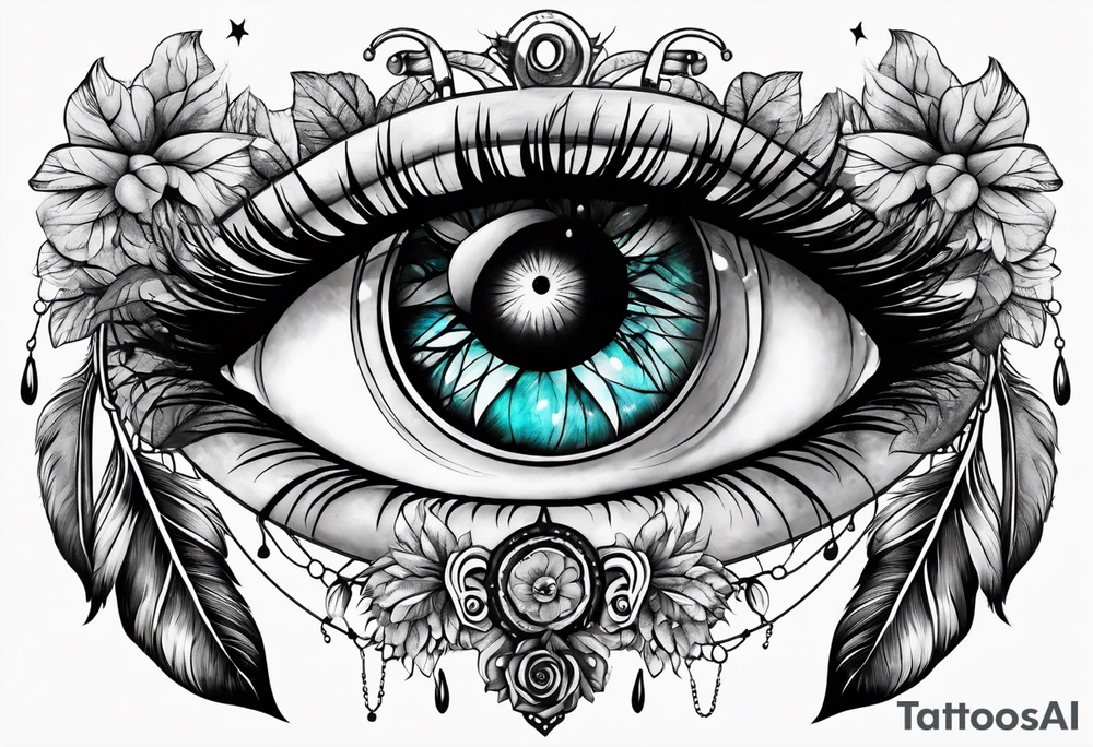 A eyeball with fairies and mushrooms in a dreamcatcher with feathers tattoo idea