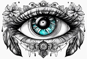 A eyeball with fairies and mushrooms in a dreamcatcher with feathers tattoo idea