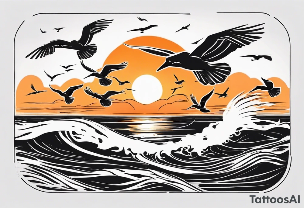 Sunset over the sea with birds flying in a rectangle tattoo idea