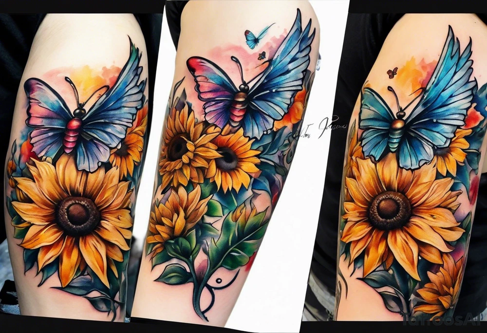 Winged cross with sunflower flowers and butterflies calf sleeve tattoo idea