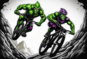 Green goblin riding a full suspension carbon fiber mountain bike tattoo idea