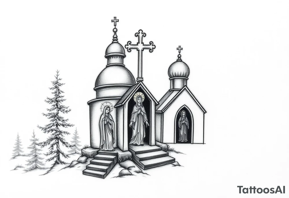 russian design traditional christian orthodox cross with a virgin mary stood beside the entrance of a russian orthodox dome church on the side of the neck in a wilderness setting with the design spread out the side of the neck tattoo idea