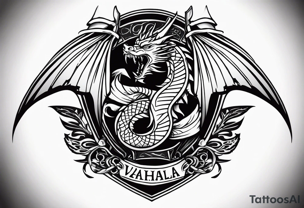 Valhalla sword shield dragon axe tattoo idea