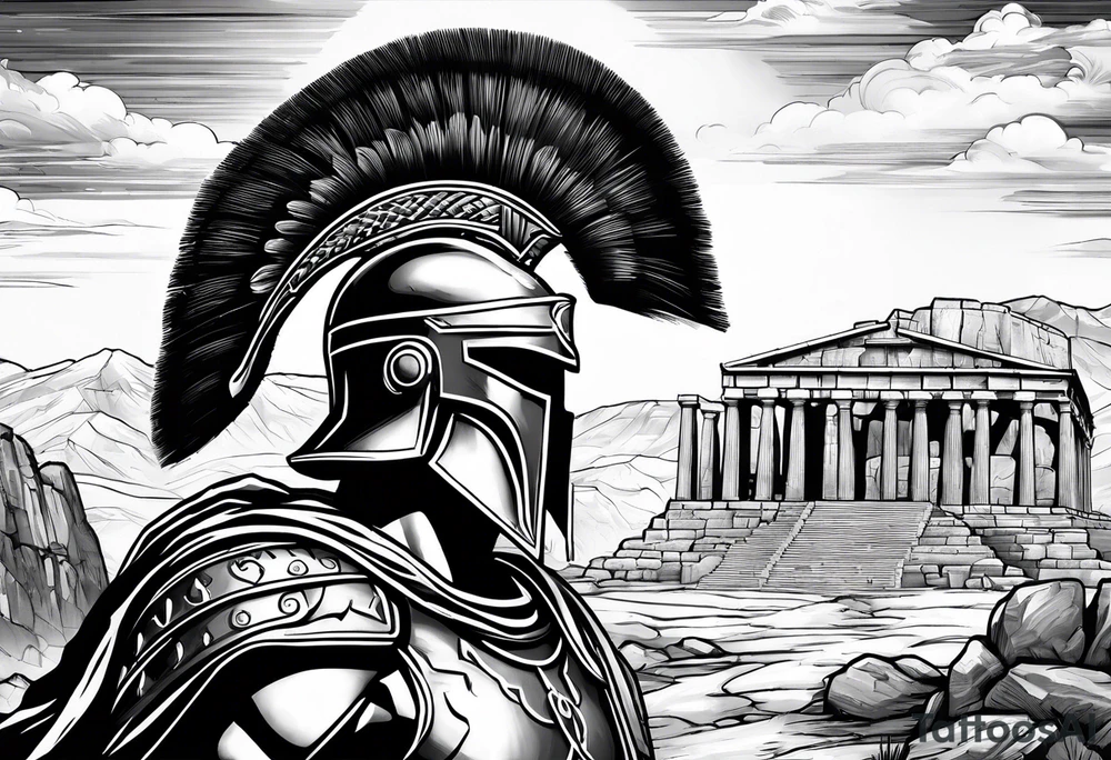 Close up of spartan solider face looking at distant ancient ruins tattoo idea