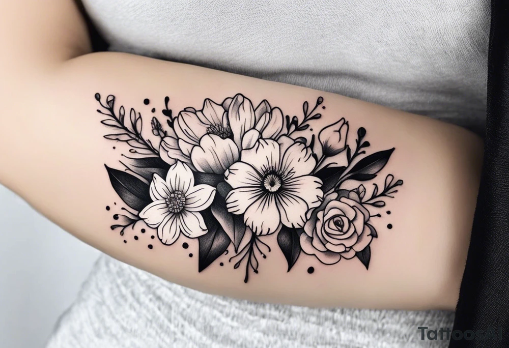 small minimalist black and white tattoo of a flower bouquet that MUST include 6 DIFFERENT flowers with ONE OF EACH: a carnation, a daffodil, a lily stock, a rose, a cosmos, and a chrysanthemum. tied together with a small bow tattoo idea
