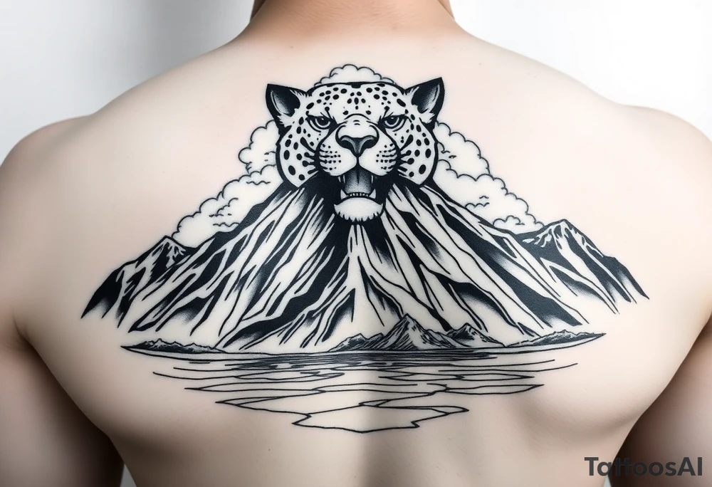 Primary focus is a mountain. At the crown of the mountain is a jaguar face made of puffy cumulus clouds. At the base of the mountain is a reflective salt flats. Use Peruvian accents in the design tattoo idea