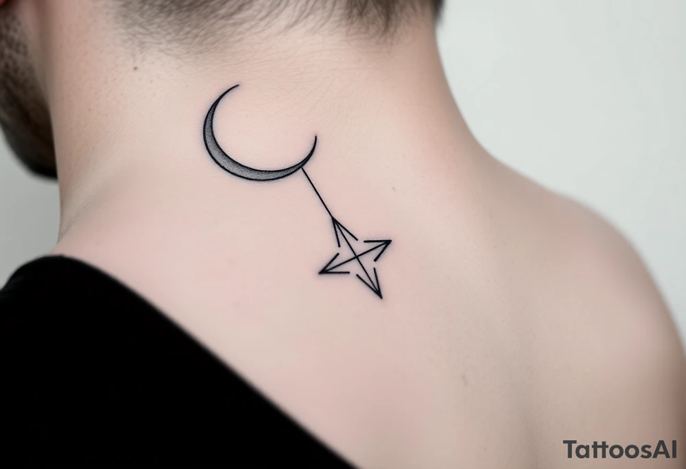 A minimalist crescent moon neck tattoo with a sleek, modern design. The crescent moon is positioned at the top, curving to the left, with a thin, clean line. Below the moon, there is a vertical line intersected by a sharp, star-like shape with four points. The star shape has elongated top and bottom points, giving it a clean, symmetrical look. The tattoo is placed behind the ear, following the natural curve of the neck. The lines are crisp and delicate, creating a stylish, celestial vibe." tattoo idea