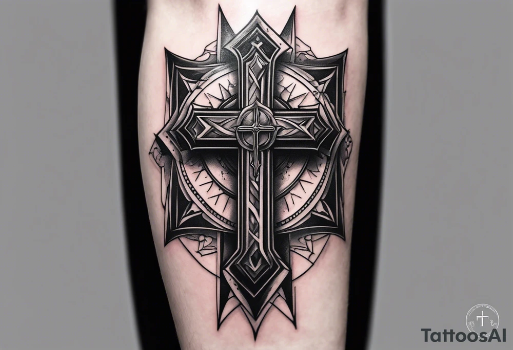 A forearm tattoo on the front of the forearm with a cross, the sacred heart of jesus and a sword tattoo idea