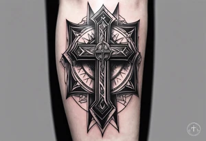 A forearm tattoo on the front of the forearm with a cross, the sacred heart of jesus and a sword tattoo idea