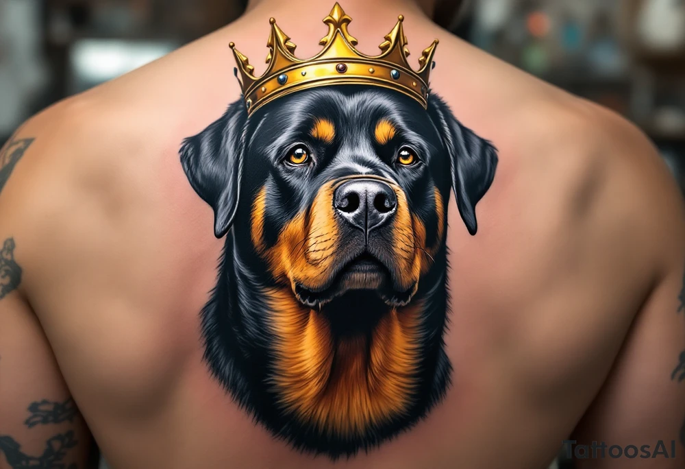 Rottweiler with Crown – A proud black and tan Rottweiler wearing a worn gold crown, symbolizing loyalty and strength. Hyper-realistic fur texture with warm amber eye details. tattoo idea