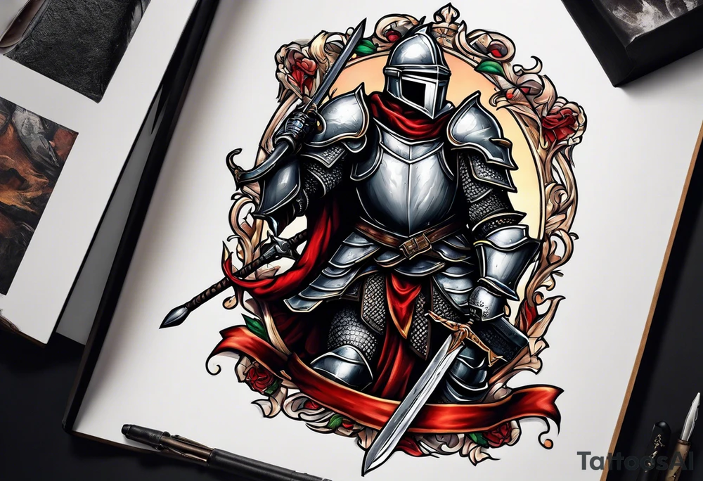 knight holding a bible over his head in combat tattoo idea