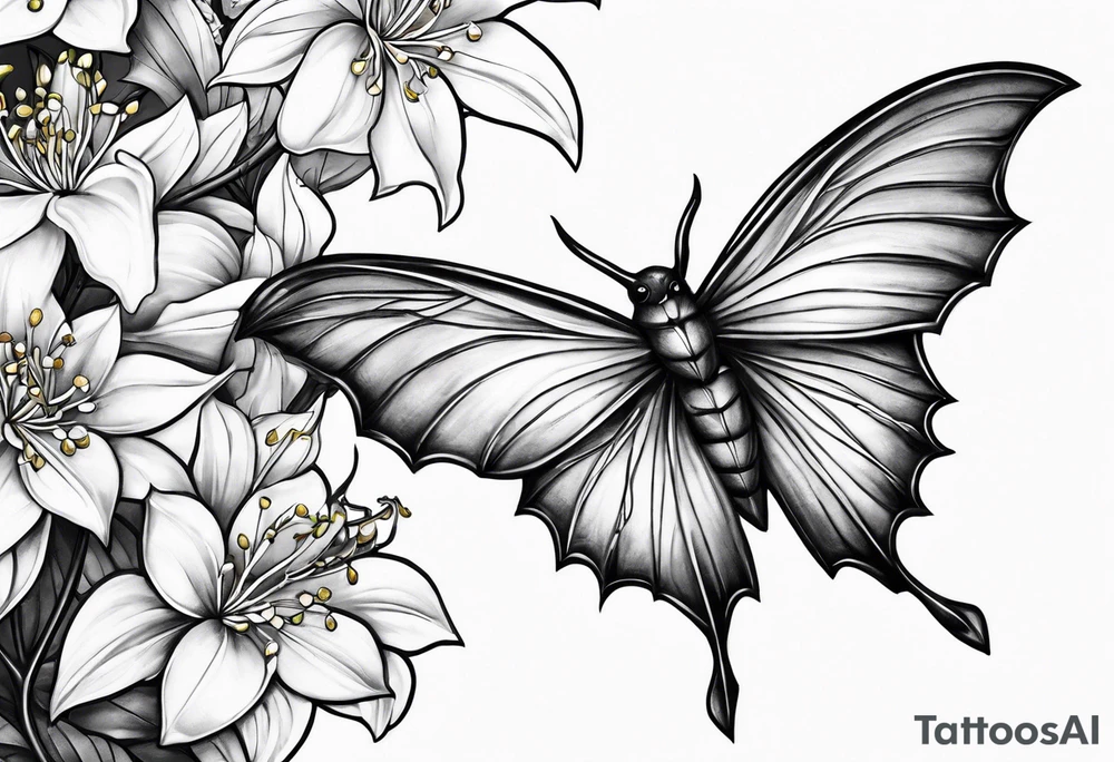 Shoulder and collarbone tattoo of a vibe of night-blooming Jasmine with a bat hanging from one of the stems tattoo idea