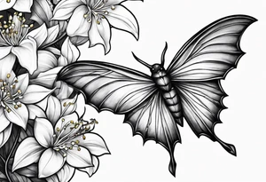 Shoulder and collarbone tattoo of a vibe of night-blooming Jasmine with a bat hanging from one of the stems tattoo idea