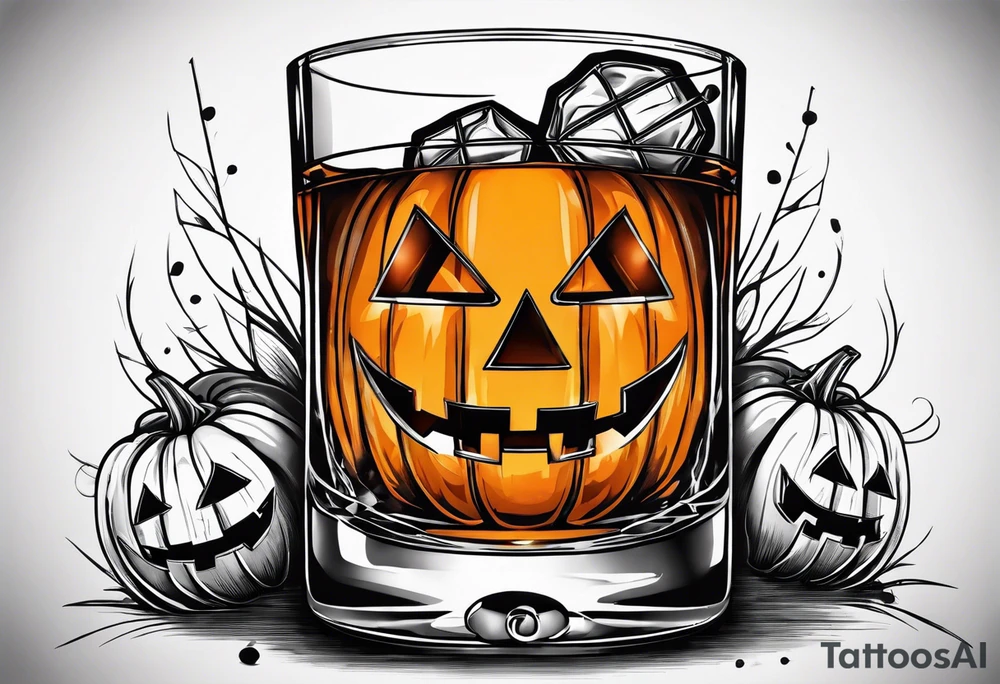 glass of whiskey but the ice cube is a jack-o-lantern tattoo idea