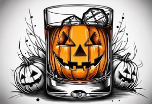 glass of whiskey but the ice cube is a jack-o-lantern tattoo idea