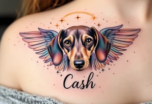 Dachshund ears between wings with a halo above and the name Cash tattoo idea