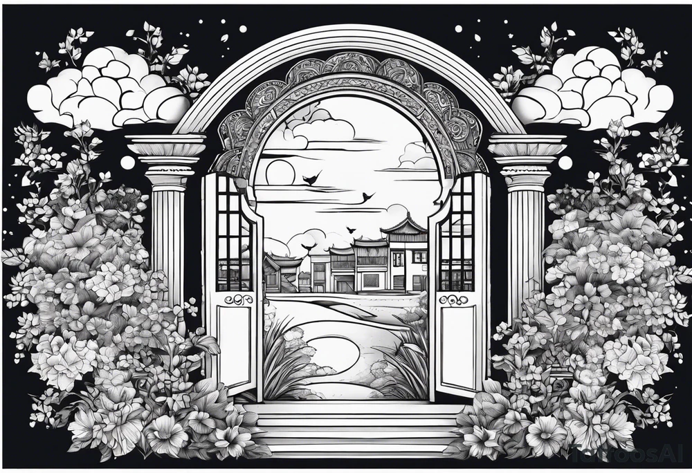 night orient town  garden small houses gate entrance 
 in circle vignette surrounded by clouds floral tattoo idea