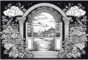 night orient town  garden small houses gate entrance 
 in circle vignette surrounded by clouds floral tattoo idea