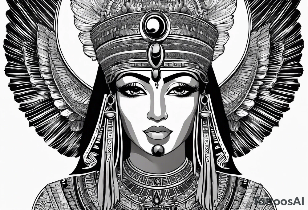 black and white Egyptian goddess Isis, who is often depicted as a woman with outstretched wings, holding an ankh (a symbol of life) in one hand and a lotus flower in the other. Her headdress often includes a throne or a solar disk. The tattoo design can vary in style and size, but it typically aims to capture the essence of this revered Egyptian deity, emphasizing her beauty, power, and maternal qualities. The choice of colors and additional elements can also be customized to create a unique and visually striking representation of the goddess Isis tattoo idea