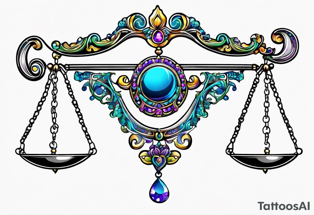 Vibrant Libra scales hanging from a half moon tattoo idea