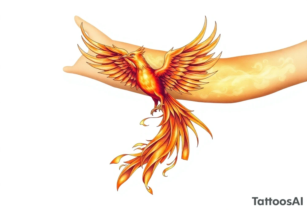 magnificent phoenix rising from golden flames with trailing embers tattoo idea