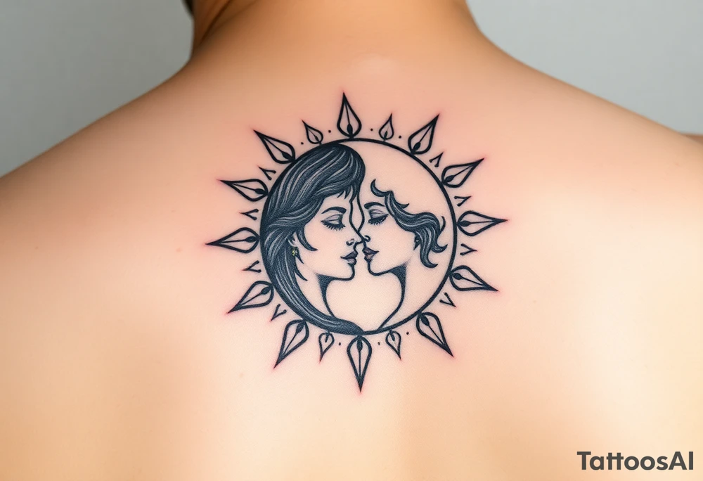 sun and moon with female faces together tattoo idea
