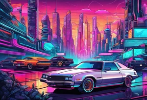 Synthwave cityscape with future cars tattoo idea