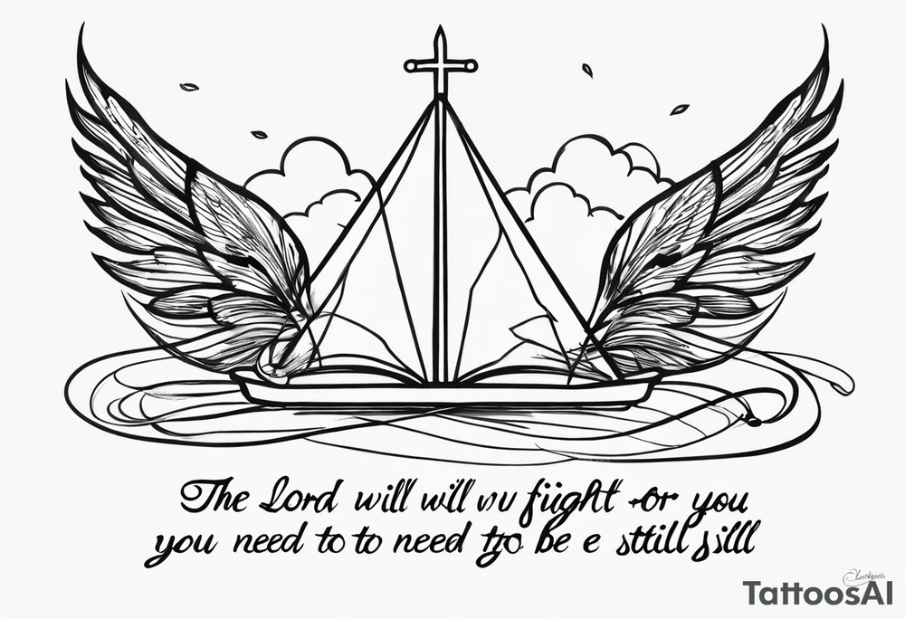 In cursive ”The Lord will fight for you; you need only to be still.”“
Exodus 14:14 NIV tattoo idea