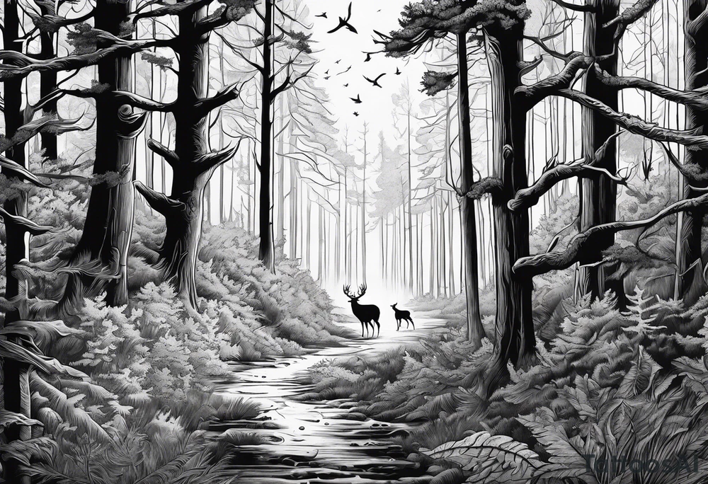 forrest scene with turkey tracks and deer antlers along the trees tattoo idea