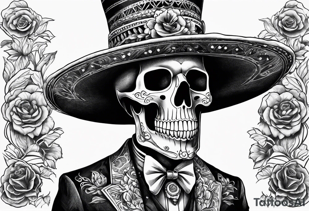 skeleton in the suit with hat in mexican style, similar to santa muerte tattoo idea