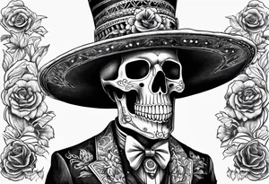 skeleton in the suit with hat in mexican style, similar to santa muerte tattoo idea