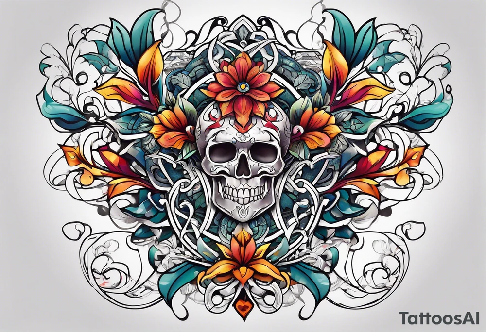 Bold geometric tapestry trident vines floral in colour on arm tattoo idea