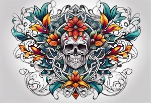 Bold geometric tapestry trident vines floral in colour on arm tattoo idea