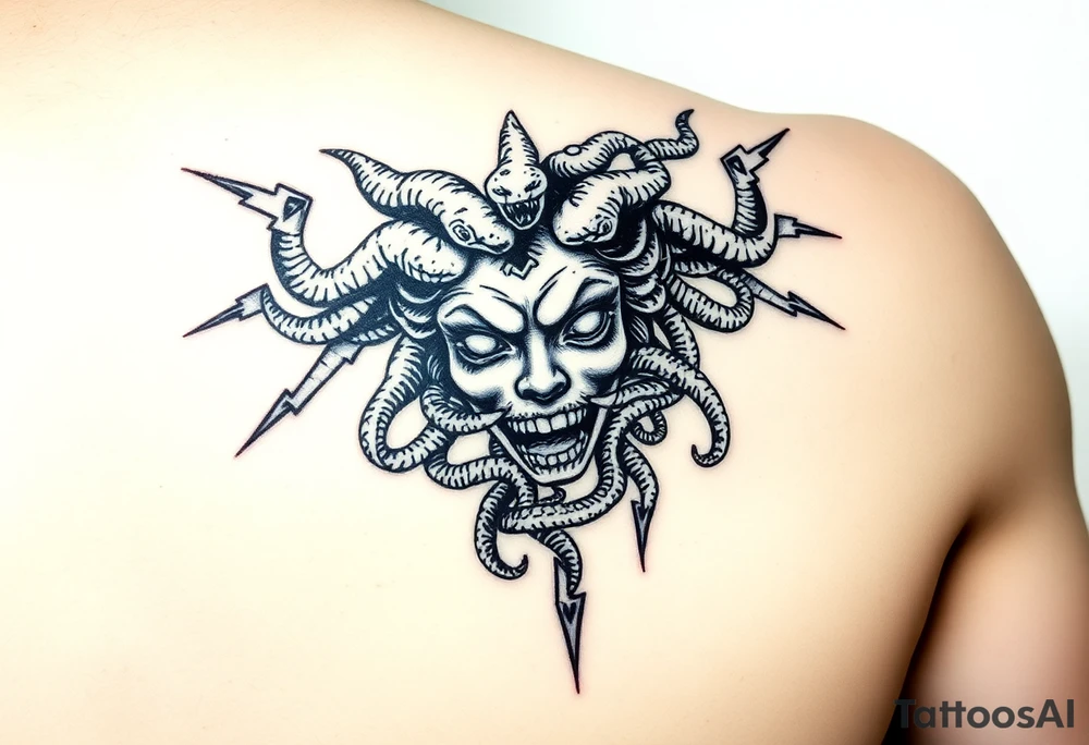 detailed female Medusa Head containing snakes and surrounded by lightnings in sketch style, black color and on the outer forearm tattoo idea