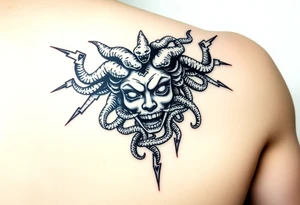 detailed female Medusa Head containing snakes and surrounded by lightnings in sketch style, black color and on the outer forearm tattoo idea