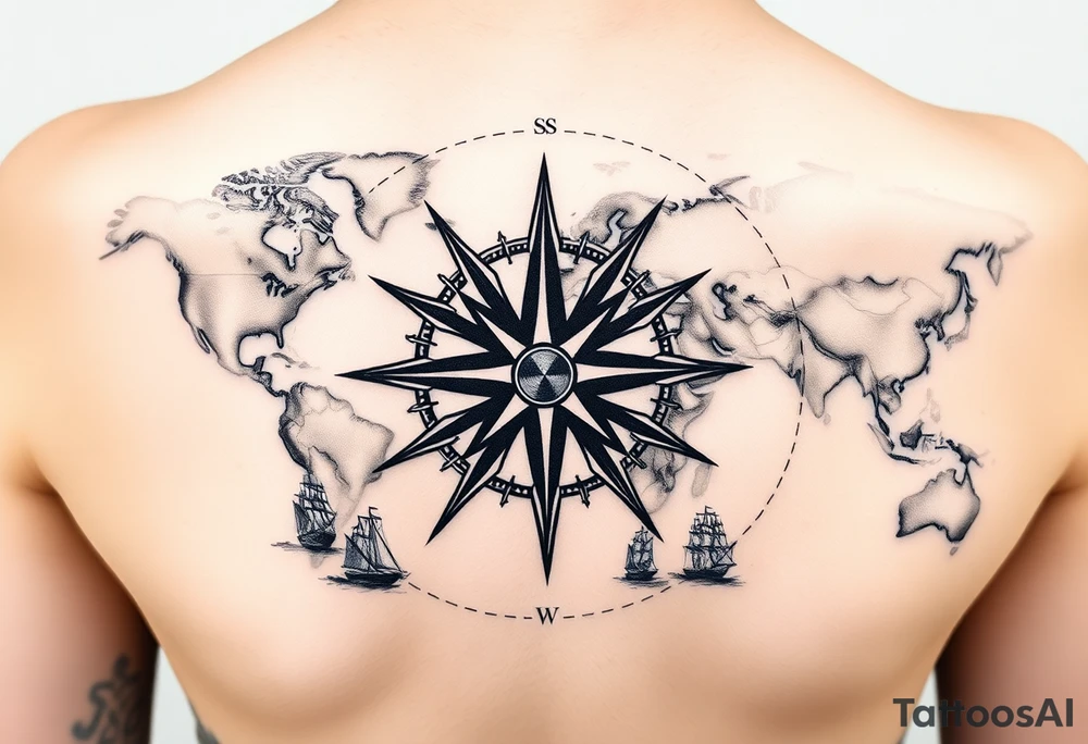 antique compass rose overlaid on weathered world map with sailing ships tattoo idea