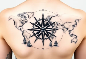 antique compass rose overlaid on weathered world map with sailing ships tattoo idea