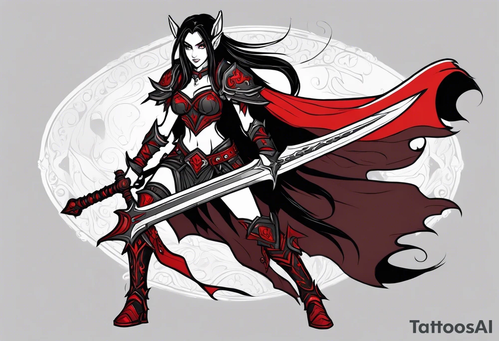 Line art full body of an female night elf warrior with black and blood crimson red plate armor. with long black pony tail style. she is very battle hardened. wielding a massive great sword with blood dripping from it. she is walking towards you.she got fur on her shoulders and an red cape. art style inspired by world of warcraft, tattoo design tattoo idea