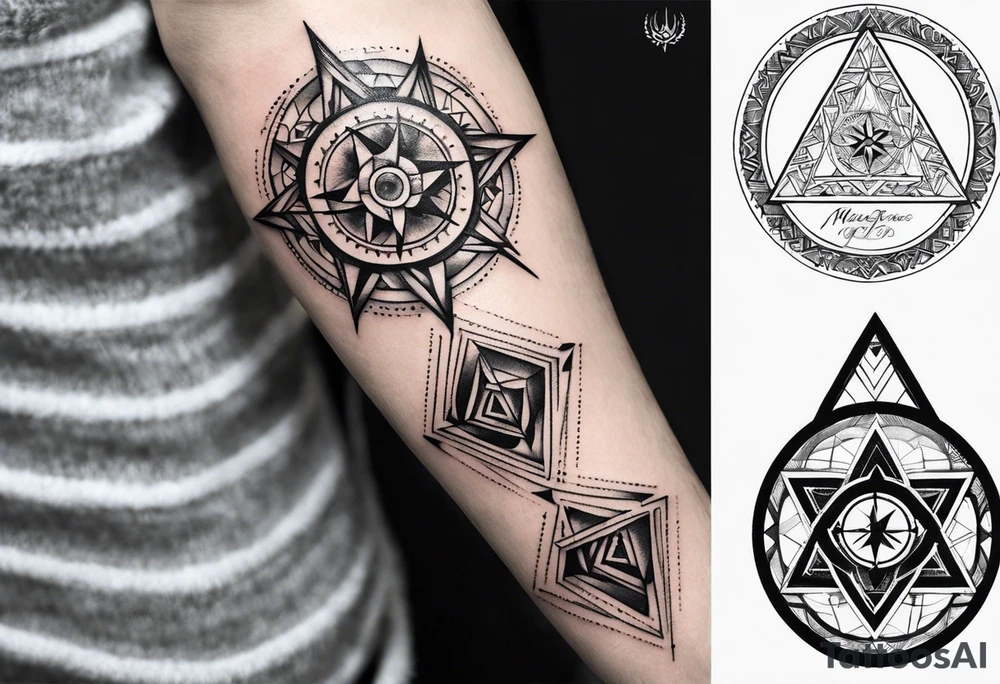 Fine line tattoo in the left forearm on the bottom side. The tattoo will have three shapes placed in a triangle formation. The top shape will be a geometric heart that symbolizes health. The bottom left will have a compass rose as a symbol for purpose. The bottom right will have three circles placed in a triangle formation to symbolize family. Tattoo should be minimalist with just the shapes filled in and no ornaments tattoo idea