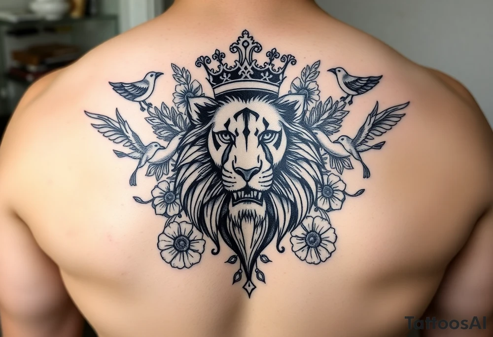 powerful majestic lion with a crown, surrounded by floral ornaments and birds tattoo idea