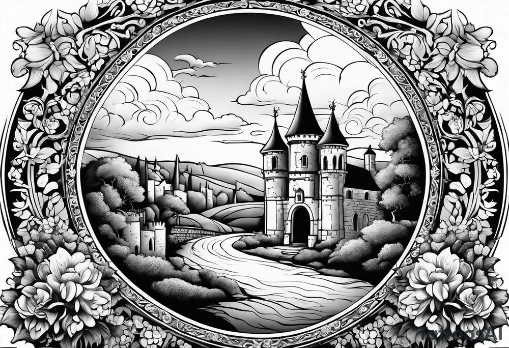 night medieval town garden open gate entrance 
 in circle vignette surrounded by clouds floral tattoo idea