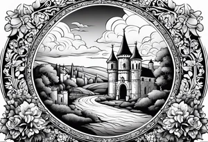 night medieval town garden open gate entrance 
 in circle vignette surrounded by clouds floral tattoo idea