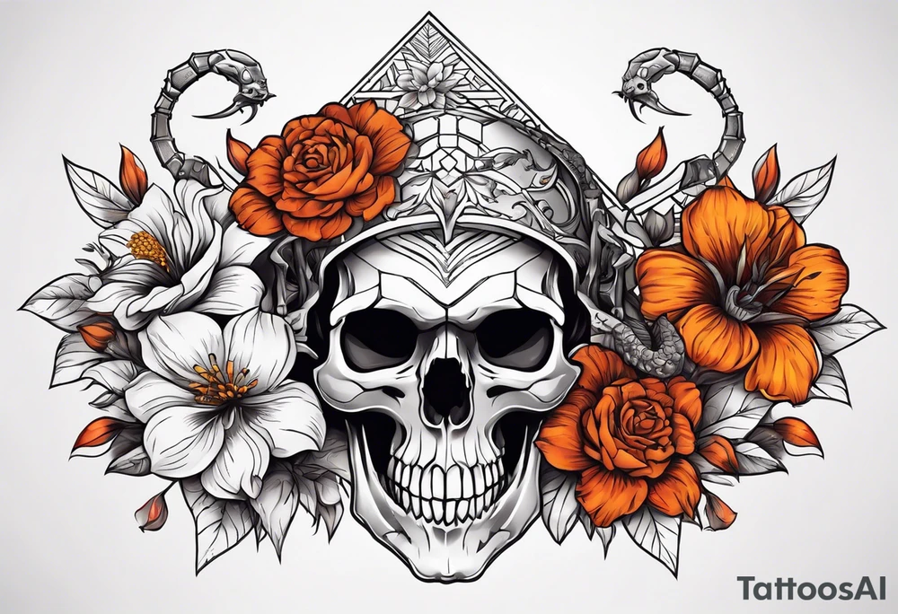 Skull tattoo with a large scorpion and flowers tattoo idea