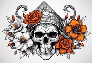 Skull tattoo with a large scorpion and flowers tattoo idea