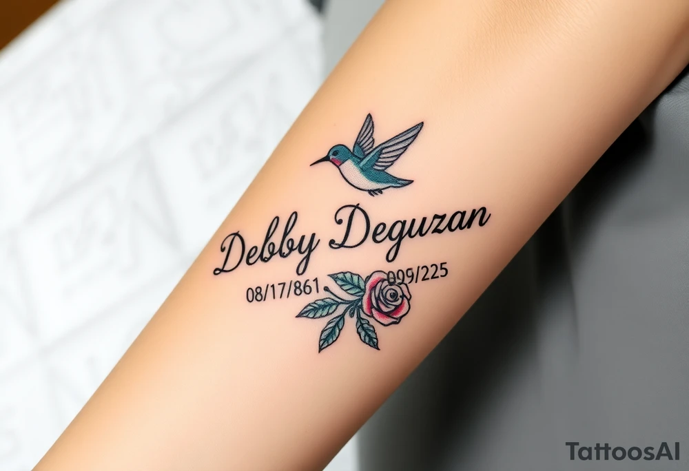 Cursive name Debby Deguzman surrounded by a hummingbird a rose and these dates 08/17/61 - 05/29/25 tattoo idea