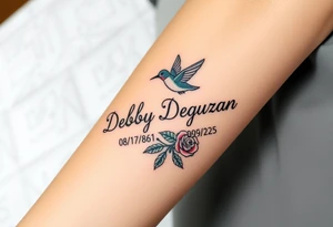 Cursive name Debby Deguzman surrounded by a hummingbird a rose and these dates 08/17/61 - 05/29/25 tattoo idea