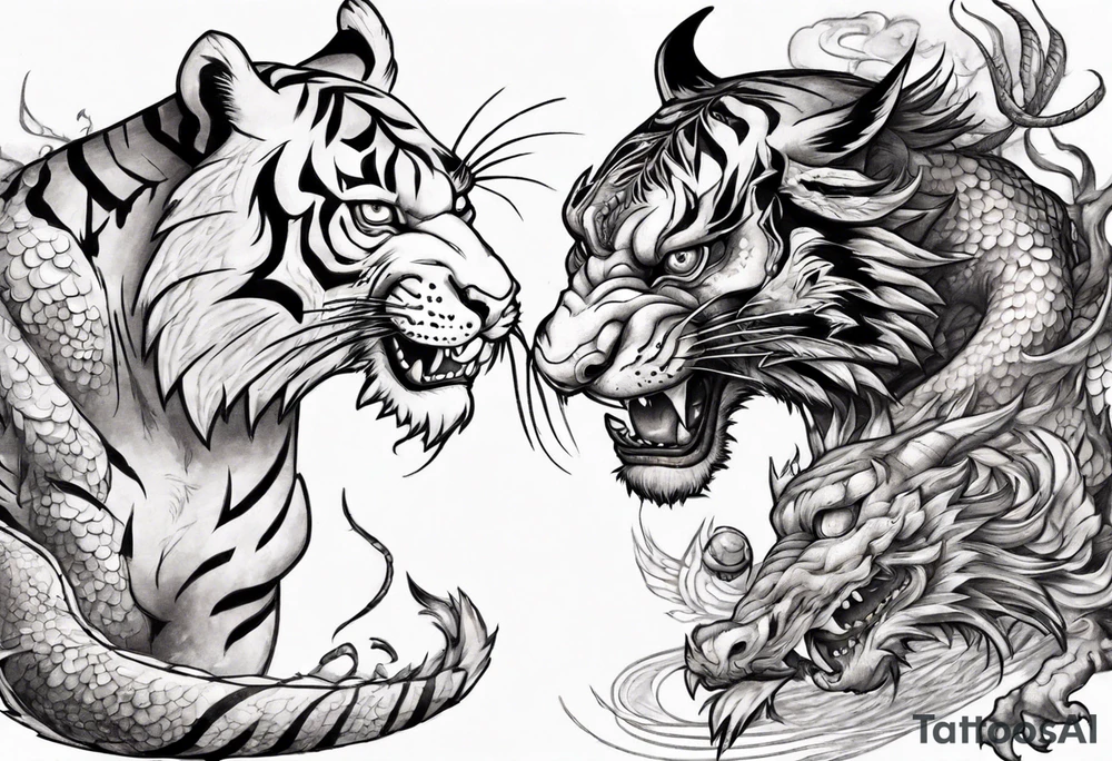 tiger and dragon are playing with each other tattoo idea