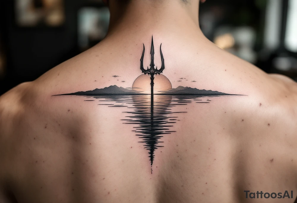 trident half way under calm water with sunset tattoo idea