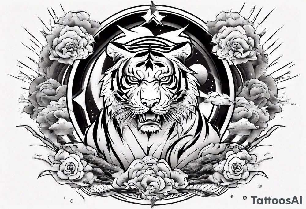Tiger design with lightning and the sun for a forearm sleeve tattoo idea